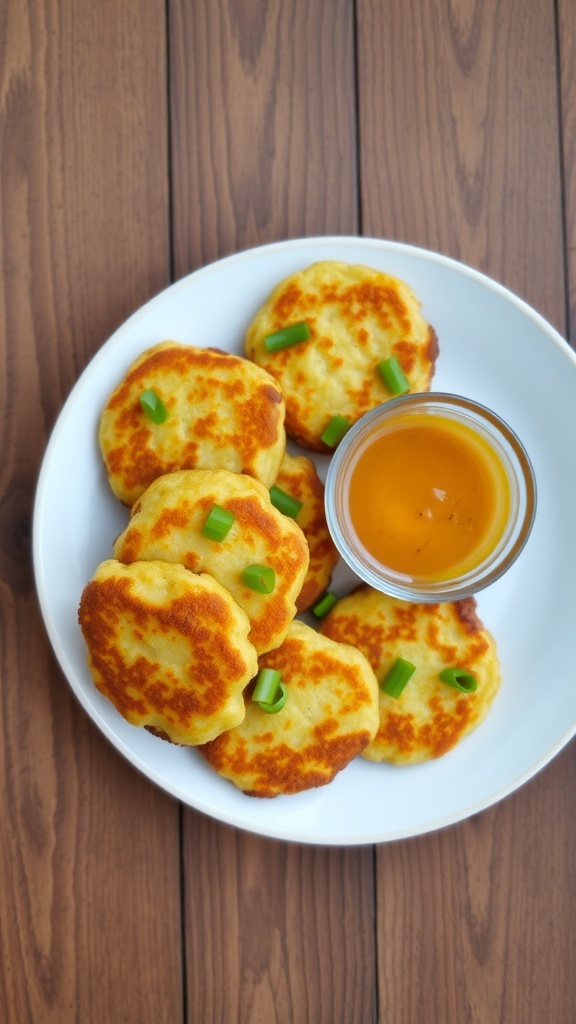 Crispy Air Fryer Potato Patties Recipe Crispy potato patties on a plate with green onions and dipping sauce on a rustic table.